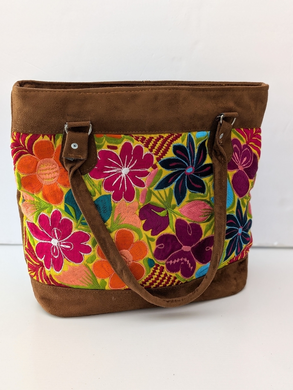 Multicolor Floral Embroidered Brown Faux Suede Shoulder Bag Mexican Spring